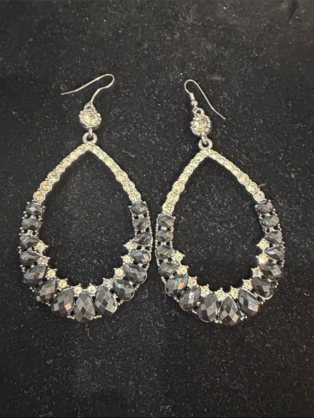 Silver-Tone Teardrop Crystal Dangle Earrings - Black Crystal